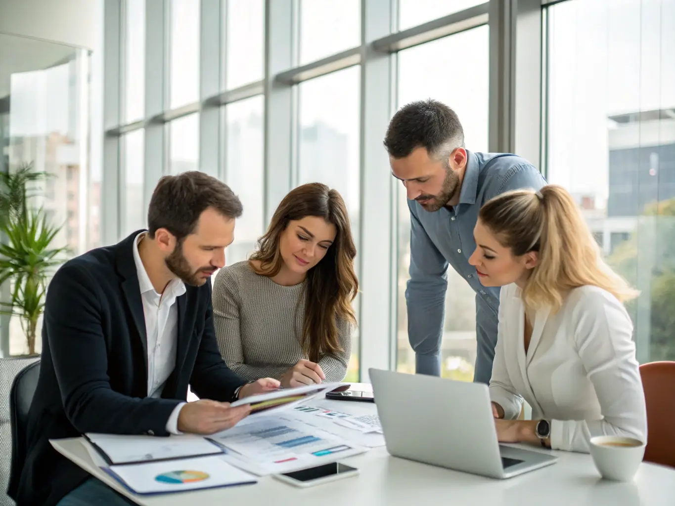An image of a business team analyzing data dashboards on large screens, representing the development of enterprise software solutions.